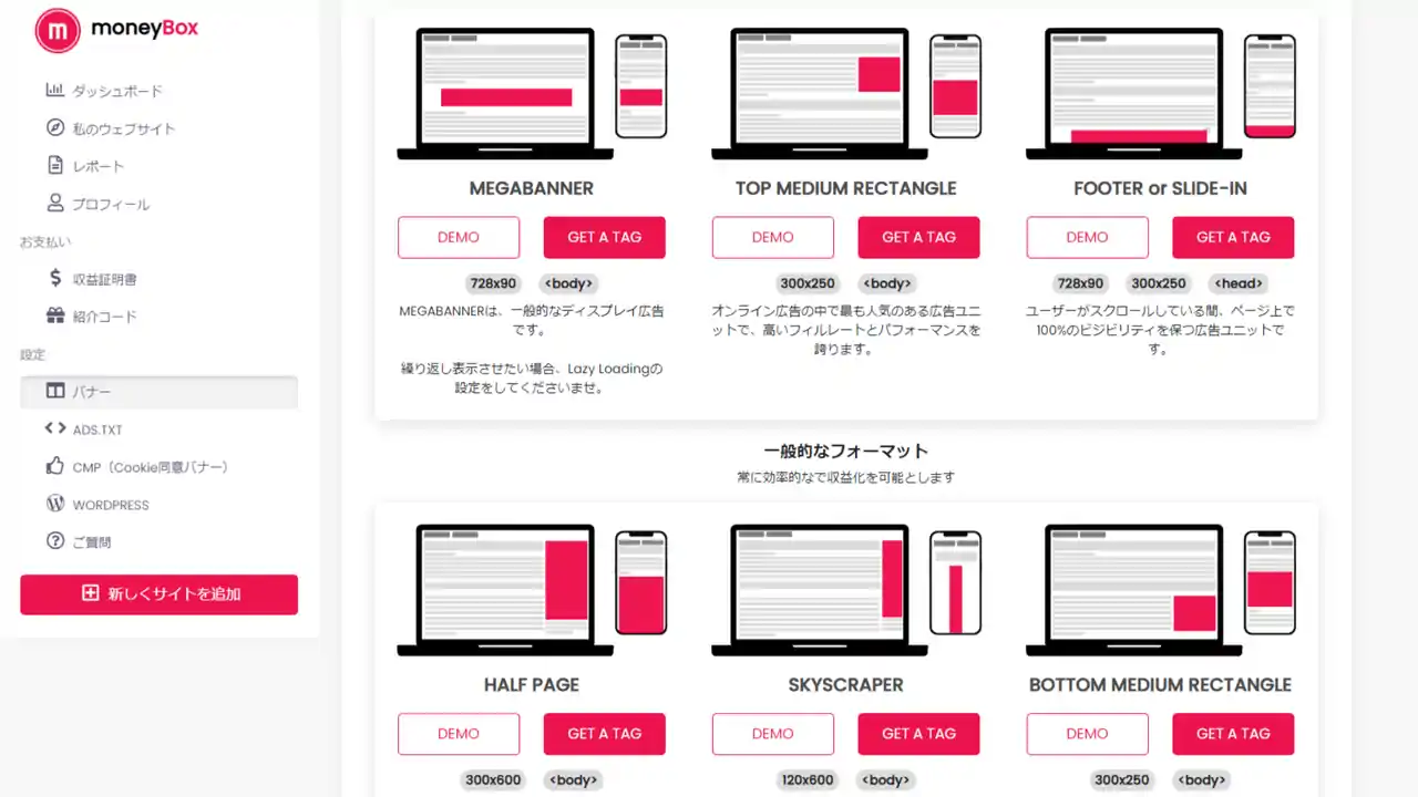 The Moneytizer 広告の種類 フォーマット