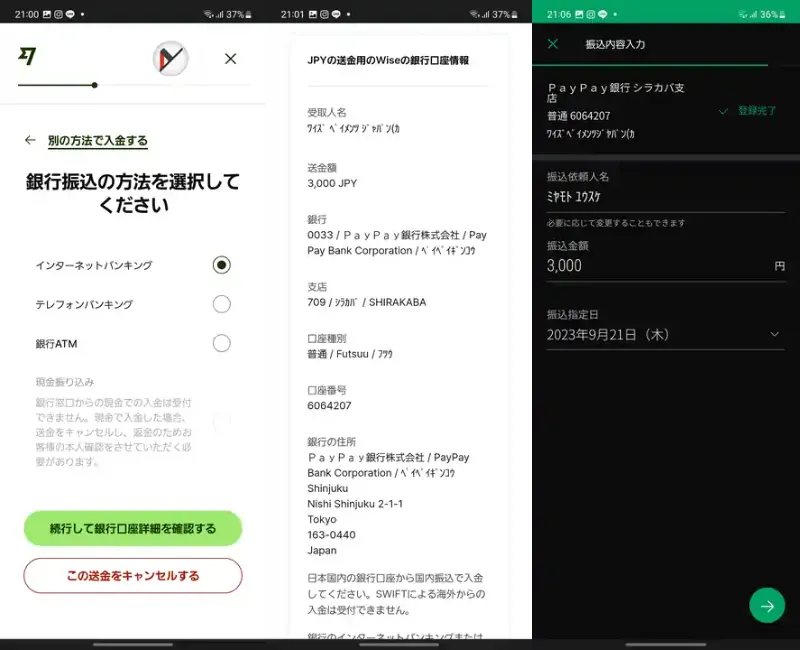 Wise 口座情報の取得 入金方法 インターネットバンキング